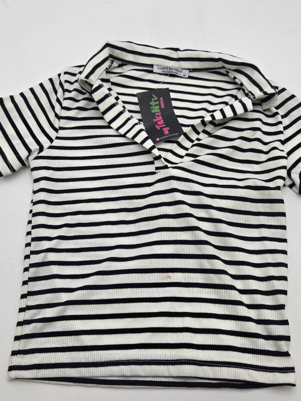 Girls Polo Short Sleeve Shirt Medium Black and White Striped